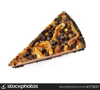 a slice of cheesecake with chocolate chips and nuts on white background