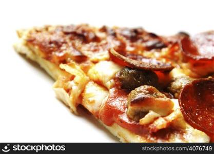 A slice of pepperoni and beef pizza on a plate