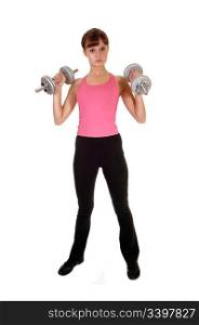 A slim teenage girl with dumbbells doing some weight lifting in the studioas exercise to stay fit, for white background.