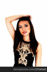 A slim young Chinese woman standing in a black dress and longblack hair for white background.