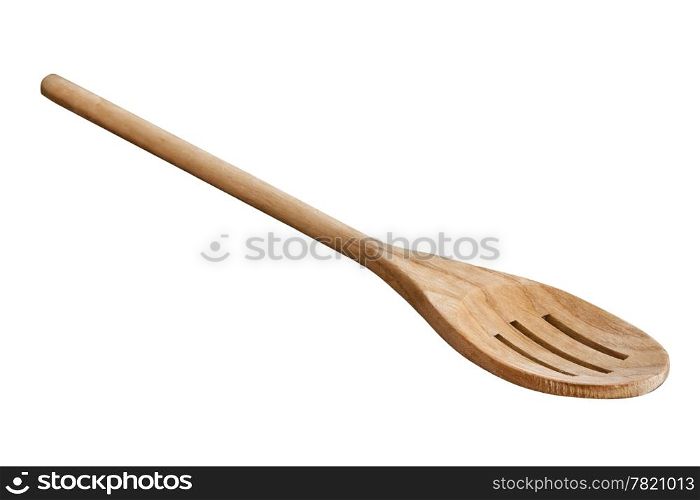 A slotted wooden kitchen spoon isolated on a white background.