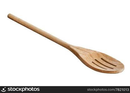 A slotted wooden kitchen spoon isolated on a white background.