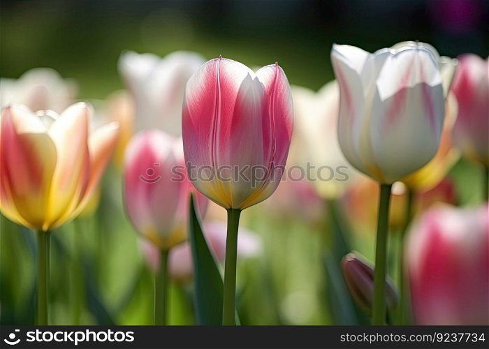 a slow-motion shot of delicate spring tulips blooming in the wind, created with generative ai. a slow-motion shot of delicate spring tulips blooming in the wind