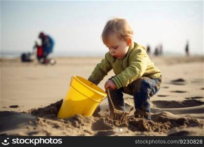 A small child plays on the beach with a shovel and bucket in the sand created with generative AI technology