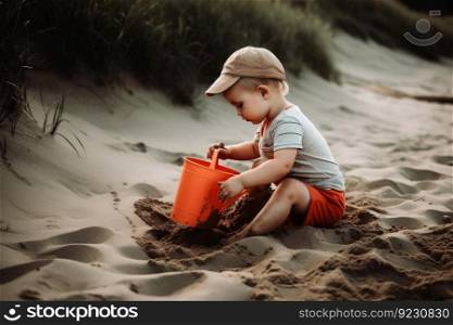 A small child plays on the beach with a shovel and bucket in the sand created with generative AI technology