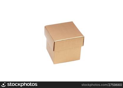 A small gold colored gift box on white background, with copy space.