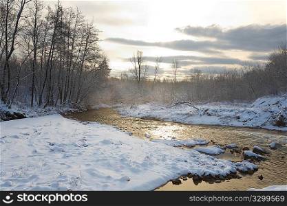 A small river during winter, surrounded by a snowy woods, horizontal frame