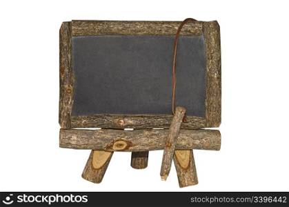 A small, rustic, blackboard with chalk, on a stand.