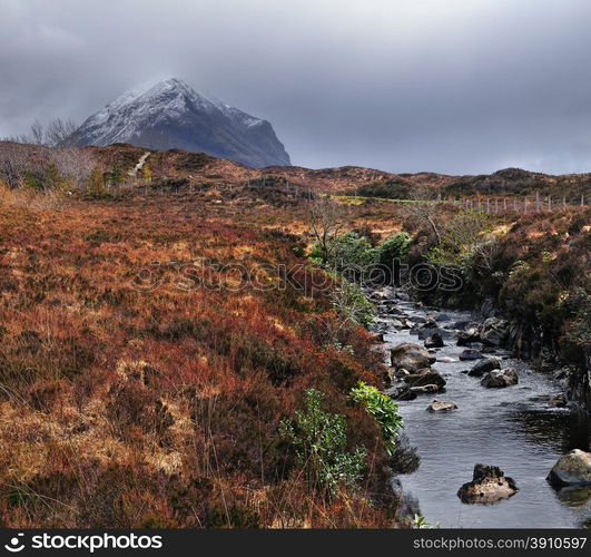 A small stream along Glen Sligachan valley in the Isle of Skye. Inner Hebrides, Scotland.