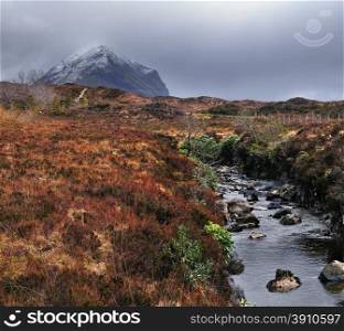 A small stream along Glen Sligachan valley in the Isle of Skye. Inner Hebrides, Scotland.