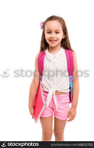 A small student posing isolated over white background