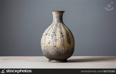 A small vase in the style of wabi sabi on a wooden table against a gray wall, creating a tranquil and sophisticated ambiance with its elegant shape and earthy tones. AI Generative. A small vase in the style of wabi sabi on a wooden table against a gray wall. AI Generative