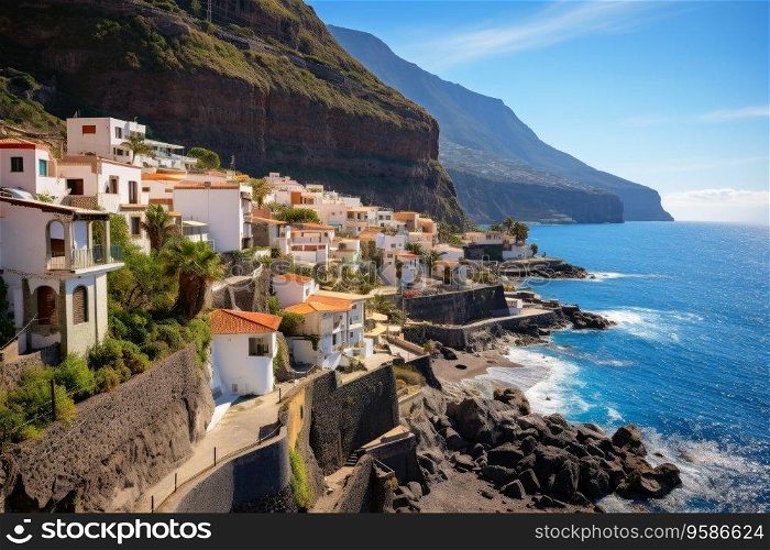 A small village at a rock formation looking like Los Gigantes in Spain