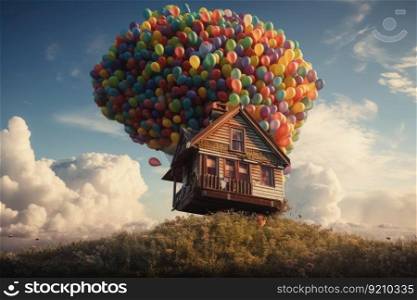 A small vintage house floats through the sky on many colourful balloons created with generative AI technology