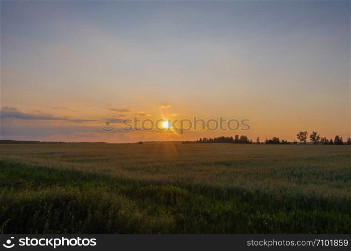 A small yellow-orange disc of the setting sun over the horizon and a little cloudy, Russia.