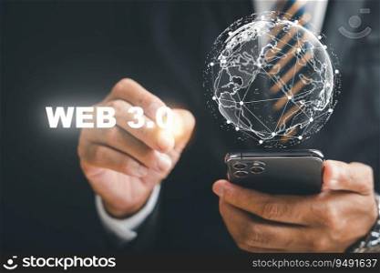 A smart and futuristic phone becomes the gateway to Web 3.0 as a businessman explores the potential of this new digital frontier, unlocking opportunities for innovation and growth. we3 concept