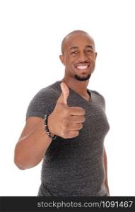 A smiling African American man standing in a sweater pointing with his thump to the other person, isolated for white background