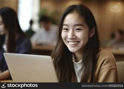 a Smiling Asian female student studying, using laptop in classroom. AI Generative