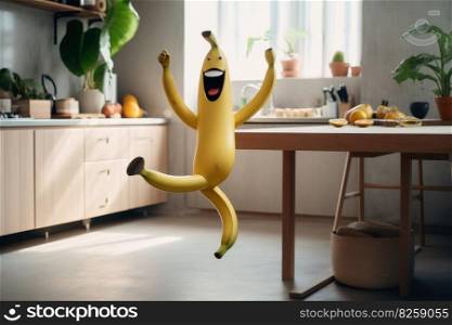 A smiling banana with arm and legs running on a kitchen table created with generative AI technology