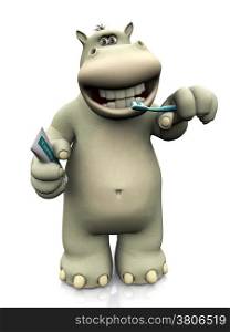 A smiling cartoon hippo holding a toothbrush in one hand and toothpaste in the other, ready to brush his teeth. White background.
