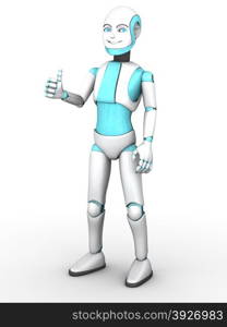 A smiling cartoon robot boy doing a thumbs up with his hand. White background.