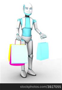 A smiling cartoon robot boy holding shopping bags in his hands. White background.