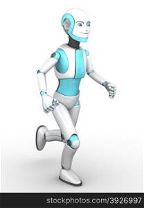 A smiling cartoon robot boy running. White background.