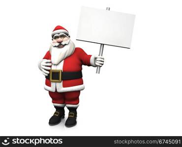 A smiling cartoon Santa Claus holding a blank sign in his hand. White background.. Cartoon Santa holding blank sign.