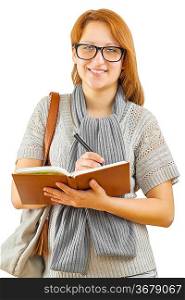 a smiling hipstergirl with notepad