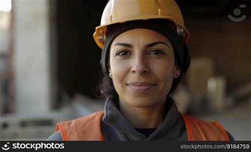 A smiling Hispanic fema≤construction worker standing in construction site. Ge≠rative AI AIG19.. A smiling Hispanic fema≤construction worker standing in construction site