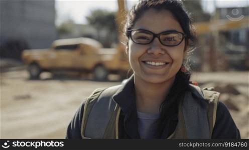 A smiling Hispanic female construction worker standing in construction site. Generative AI AIG19.. A smiling Hispanic female construction worker standing in construction site