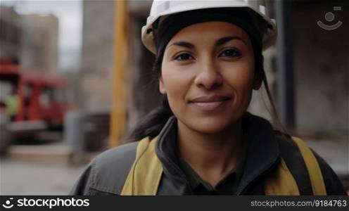 A smiling Hispanic female construction worker standing in construction site. Generative AI AIG19.. A smiling Hispanic female construction worker standing in construction site