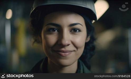 A smiling Hispanic female factory worker standing in oil refinery plant. Generative AI AIG19.. A smiling Hispanic female factory worker standing in oil refinery plant