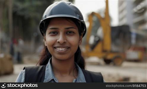 A smiling Indian female construction worker standing in construction site. Generative AI AIG19.. A smiling Indian female construction worker standing in construction site