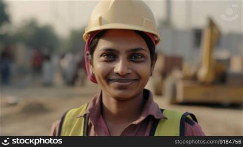 A smiling Indian female construction worker standing in construction site. Generative AI AIG19.. A smiling Indian female construction worker standing in construction site