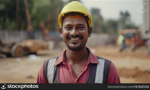 A smiling Indian ma≤construction worker standing in construction site. Ge≠rative AI AIG19.. A smiling Indian ma≤construction worker standing in construction site