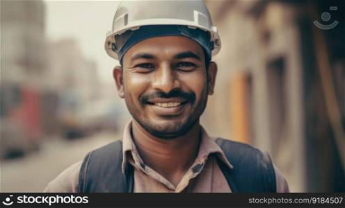 A smiling Indian male construction worker standing in construction site. Generative AI AIG19.. A smiling Indian male construction worker standing in construction site