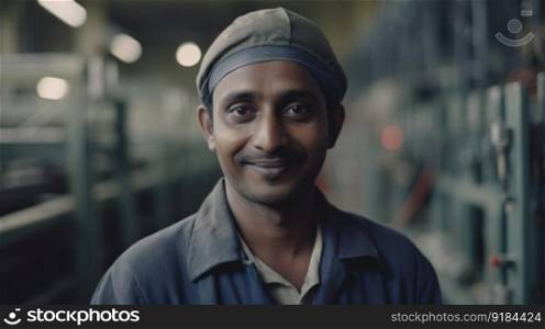 A smiling Indian male electronic factory worker standing in factory. Generative AI AIG19.. A smiling Indian male electronic factory worker standing in factory