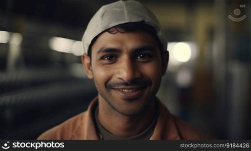 A smiling Indian male electronic factory worker standing in factory. Generative AI AIG19.. A smiling Indian male electronic factory worker standing in factory
