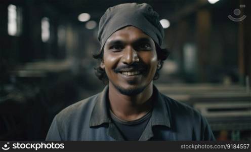 A smiling Indian male factory worker standing in metal sheet factory. Generative AI AIG19.. A smiling Indian male factory worker standing in metal sheet factory