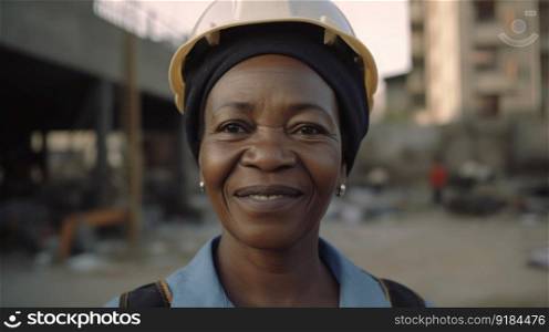A smiling senior African female construction worker standing in construction site. Generative AI AIG19.. A smiling senior African female construction worker standing in construction site