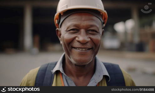 A smiling senior African male construction worker standing in construction site. Generative AI AIG19.. A smiling senior African male construction worker standing in construction site