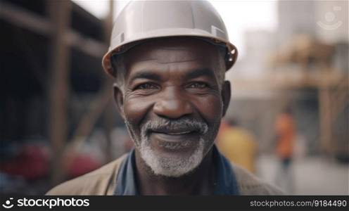 A smiling senior African male construction worker standing in construction site. Generative AI AIG19.. A smiling senior African male construction worker standing in construction site