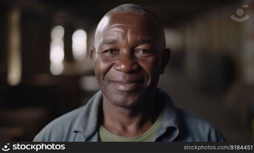 A smiling senior African male factory worker standing in warehouse. Generative AI AIG19.. A smiling senior African male factory worker standing in warehouse