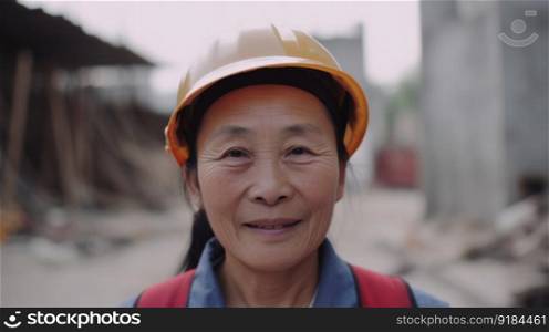 A smiling senior Chinese female construction worker standing in construction site. Generative AI AIG19.. A smiling senior Chinese female construction worker standing in construction site