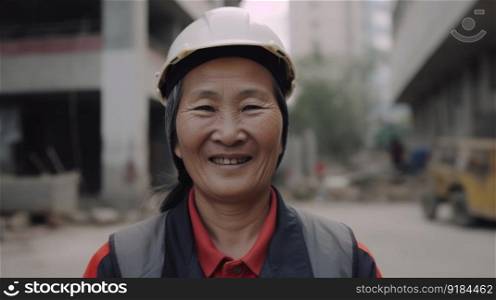 A smiling senior Chinese female construction worker standing in construction site. Generative AI AIG19.. A smiling senior Chinese female construction worker standing in construction site