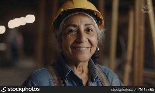 A smiling senior Hispanic female construction worker standing in construction site. Generative AI AIG19.. A smiling senior Hispanic female construction worker standing in construction site