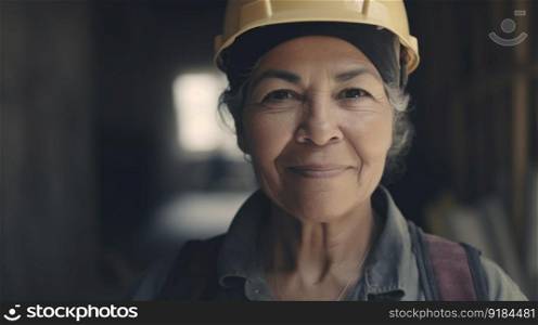 A smiling senior Hispanic female construction worker standing in construction site. Generative AI AIG19.. A smiling senior Hispanic female construction worker standing in construction site