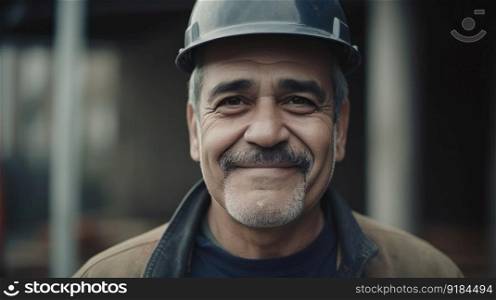 A smiling senior Hispanic male construction worker standing in construction site. Generative AI AIG19.. A smiling senior Hispanic male construction worker standing in construction site