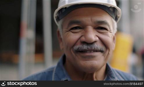 A smiling senior Hispanic male construction worker standing in construction site. Generative AI AIG19.. A smiling senior Hispanic male construction worker standing in construction site
